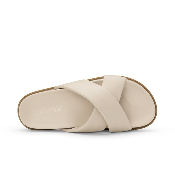 Open Toe Crisscross Slide Flat Sandals - BEIGE WHITE - 1